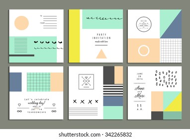 Collection of universal cards. Templates with trendy geometric shapes, patterns and colors. Wedding, marriage, bridal, birthday,  Valentine's day. Creative unusual posters. Gradients free. Isolated