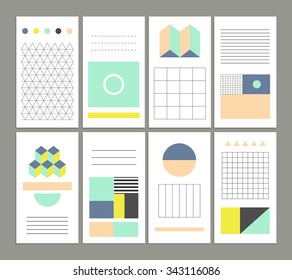 Collection of universal cards. Templates with trendy geometric shapes, patterns and colors. Wedding, marriage, bridal, birthday, Valentine's day. Gradients free. Isolated