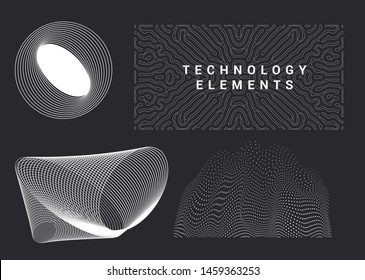 Collection of universal geometric shapes and elements on dark background. Set of vector cyberpunk/ vaporwave style glitched patterns, logotypes, icons.