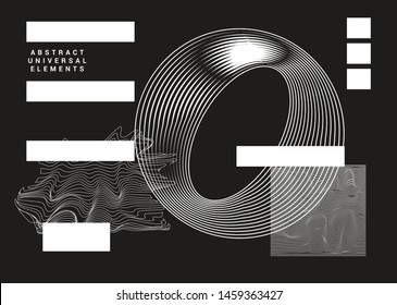 Collection of universal geometric shapes and elements on dark background. Set of vector cyberpunk/ vaporwave style glitched patterns, logotypes, icons.