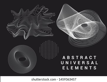 Collection of universal geometric shapes and elements on dark background. Set of vector cyberpunk/ vaporwave style glitched patterns, logotypes, icons.