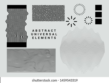 Collection of universal geometric shapes and elements. Set of vector cyberpunk/ vaporwave style glitched patterns, logotypes, icons.