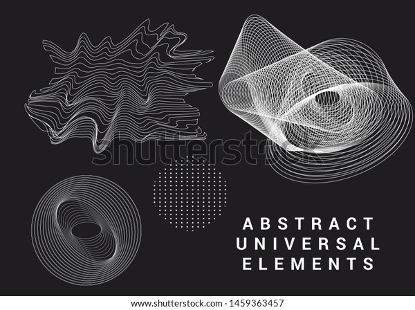 暗い背景にユニバーサルな幾何学的図形とエレメントのコレクション ベクターサイバーパンク 気化波 スタイルの華やかなパターン ロゴ アイコンのセット のベクター画像素材 ロイヤリティフリー