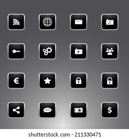 Collection of universal icons for apps and web - black glossy design with silver metallic outline