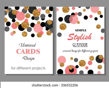 Collection of Universal Modern Stylish Cards Templates with Golden Geometrical Glitter Dots. Creative Wedding, Anniversary, Birthday, Valentines Day, Party Invitations, Business. 