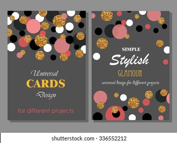 Collection of Universal Modern Stylish Cards Templates with Golden Geometrical Glitter Dots. Creative Wedding, Anniversary, Birthday, Valentines Day, Party Invitations, Business. 