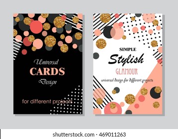 Collection of Universal Modern Stylish Cards Templates with Golden Geometrical Glitter Dots. Creative Wedding, Anniversary, Birthday, Valentines Day, Party Invitations, Business.