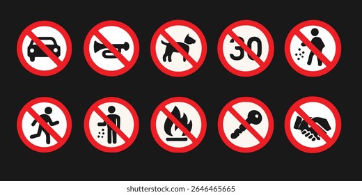 Collection of universal prohibition signs showing various restricted activities