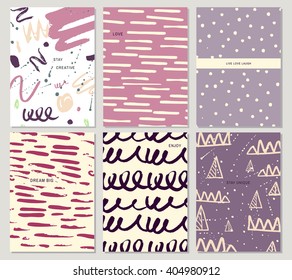 Collection of universal trendy cards with geometric shapes, hand made textures, for wedding, marriage, bridal, birthday, Valentine's day. Unique posters, vector illustration