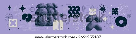 Collection of Universal trendy geometric bright bold shapes, minimalistic bizarre and brutalism abstract elements, Vector y2k aesthetic graphic assets, brutal and dithering symbols set 2