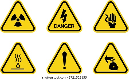 Recolha de avisos universais e sinais de alerta de perigo exibidos em placas triangulares amarelas, incluindo o ponto de exclamação geral da superfície quente de choque elétrico de radiação e ícones de lâmina representando vários perigos industriais e no local de trabalho que exigem atenção imediata e adesão a medidas de proteção para prevenir acidentes.