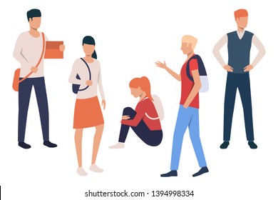 Collection of university students. Crowd of male and female cartoon characters with bags and backpacks. Vector illustration can be used for commercial, leaflet, promo video