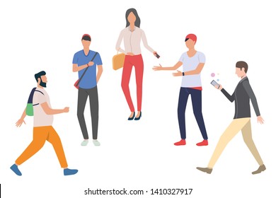 Collection of university students. Flat cartoon characters with bags walking on campus. Vector illustration for commercial, banner, educational project