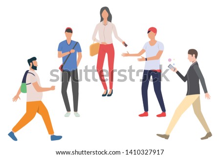 Collection of university students. Flat cartoon characters with bags walking on campus. Vector illustration for commercial, banner, educational project
