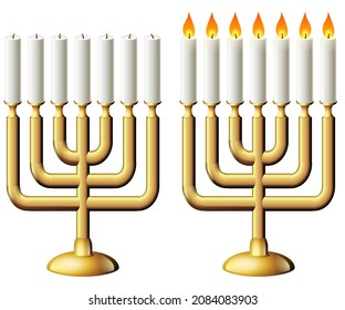 Collection of unlit and lit 7 branch candlestick on a white background