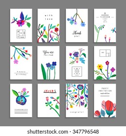 Collection of unusual cards with flowers. Beautiful freehand colorful illustration. Design for poster, card, invitation, placard, brochure, flyer. Isolated