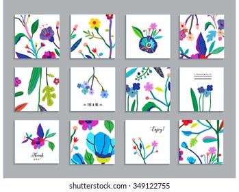 Collection of unusual cards with paper cut flowers. Beautiful freehand colorful illustration. Design for poster, card, invitation, placard, brochure, flyer. Isolated