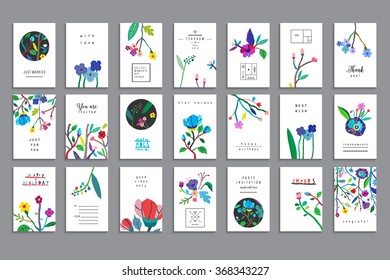 Collection of unusual cards with paper cut flowers. Beautiful freehand colorful illustration. Design for poster, card, invitation, placard, brochure, flyer. Isolated