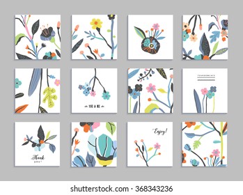 Collection of unusual cards with paper cut flowers. Beautiful freehand colorful illustration. Design for poster, card, invitation, placard, brochure, flyer. Isolated