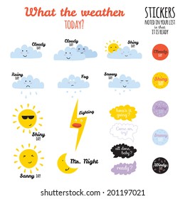Collection of unusual cartoon and funny smiley weather icons. Vector illustration in cute style. Sunny, cloudy, rainy, snowy, windy, shiny, snowman, bubbles, umbrella.