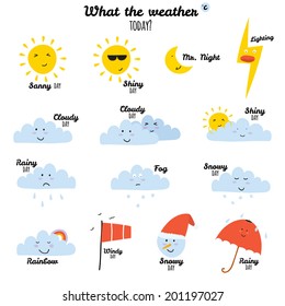 Collection of unusual cartoon and funny smiley weather icons. Vector illustration in cute style. Sunny, cloudy, rainy, snowy, windy, shiny, snowman, bubbles, umbrella.