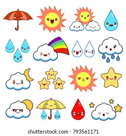 Collection of unusual cartoon and funny smiley weather icons. cute style. Sunny, cloudy, rainy, windy, shiny, bubbles, umbrella. Flat design vector illustration EPS10