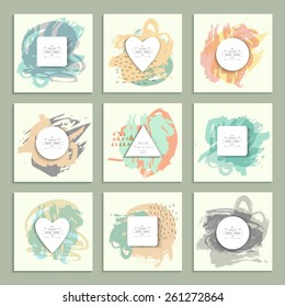 Collection of unusual creative artistic backgrounds with paper cut shapes. Isolated.