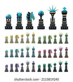 Collection of unusual fantasy chess. Detailed chess pieces in a game style.