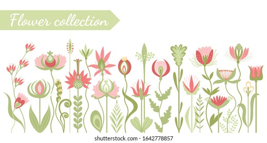 Collection of unusual flowers isolated on a white background. Flat vector illustration.