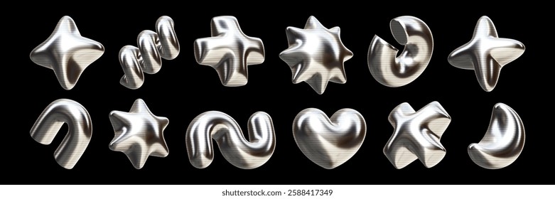 A collection of unusual geometric shapes showcases a striking metallic finish, combining retro aesthetics with modern design elements.