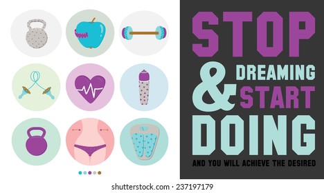 Collection of unusual motivational posters on the sport, healthy lifestyle and fitness for men and women. Vector design with fitness icons on white background. Typographic inspirational and quotes