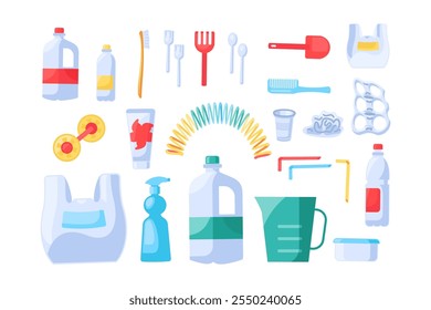 Collection of Unwanted Plastic Objects. Items out of use and subject to disposal. Recycling of Plastic and polyethylene industrial products. Cartoon vector isolated on white background