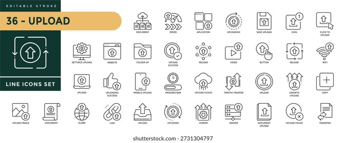 Una colección de iconos de Cargar Guardar configurados con trazo editable, incluyendo documento, velocidad, aplicación, signo, Hacer clic a Cargar, transferencia de tráfico, globo, Cargar fallado, copia. Ilustración vectorial lineal delgada