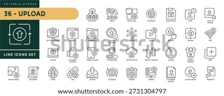 A collection of Upload icons set with editable stroke, includingdocument, speed, aplication, save, sign, click to upload, traffic transfer, globe, upload failed, copy. Thin linear vector illustration