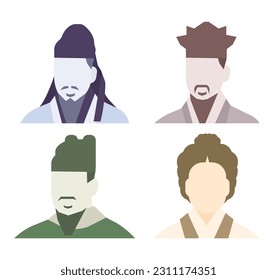 A collection of upper body icons of great people drawn on Korean banknotes. Korean historical figures silhouette illustration. King Sejong, Yulgok  Yi  Yi, Toegye Yi Hwang, and Shin Saimdang.