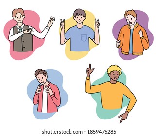 A collection of the upper body of a men dancing excitedly. hand drawn style vector design illustrations. 