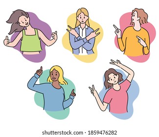A collection of the upper body of a women dancing excitedly. hand drawn style vector design illustrations. 