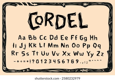 Collection of uppercase and lowercase letters in the style of Brazilian Cordel. Complete font of letters and numbers. Vector illustration