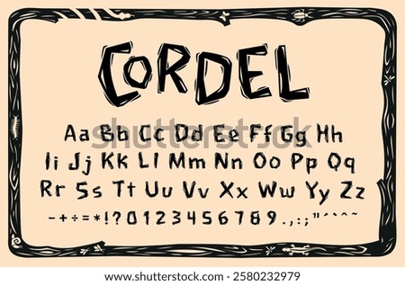 Collection of uppercase and lowercase letters in the style of Brazilian Cordel. Complete font of letters and numbers. Vector illustration