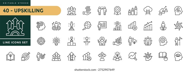 A collection of Upskilling icons set with editable stroke, including upskill, personal growth, development, education, career. Thin linear vector illustration.