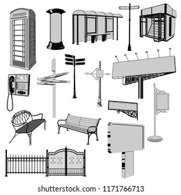 Collection of urban furniture vector silhouette. London phone booth, road signs, unipole, billboard, bus stop, bench, newspaper stand