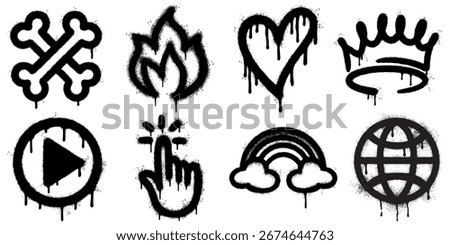 Collection of urban graffiti stencil icons featuring bold black spray paint style with dripping effect. Includes crossbones, flame, heart, crown, play button, clicking hand, rainbow, and globe.