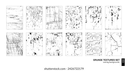 Collection of urban grunge textures. Dirty and distressed paint on old brick wall. Crackle line, holes, scratch on concrete. Stone, plaster surface. Abstract vector overlay backgrounds set. Street art