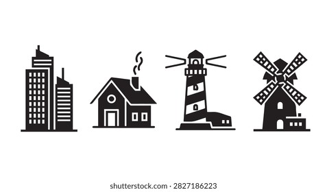 A collection of urban structures including skyscrapers, a house, a lighthouse, and a windmill, representing diverse architectural styles and city environments.