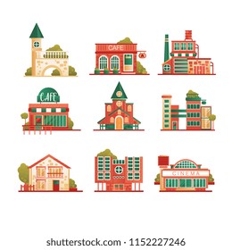 Collection of urban and suburban huses set, private houses and municipal public buildings vector Illustrations on a white background
