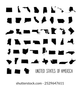 Collection of US states map in black, isolated on white background. Vector illustretion.