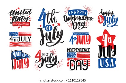 Collection of USA Independence Day lettering written with artistic calligraphic fonts and decorated. Set of handwritten holiday inscriptions isolated on white background. Vector illustration