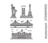 Collection of USA landmarks. Statue of Liberty, Golden Gate Bridge, Washington DC White House icon set.