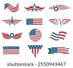 collection of USA star flag labels isolated on white background