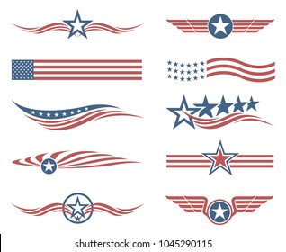 collection of USA star flag labels on white background